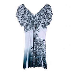 4/$45 TEMPTATION White Blue Paisley Print Off Shoulder Mini Length Dress Large
